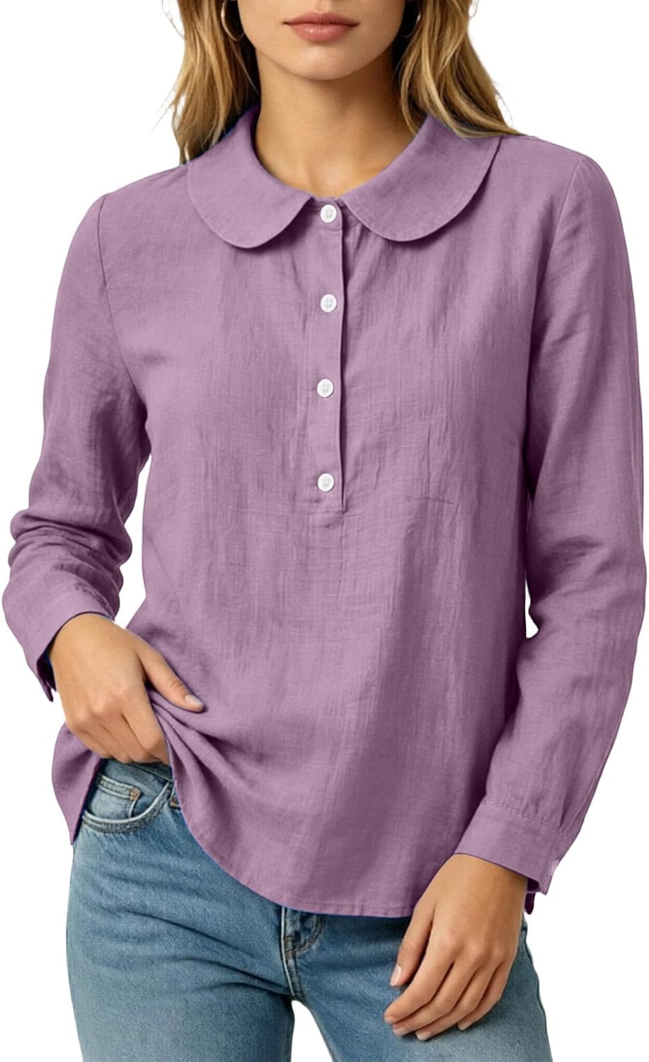 Peter Pan Collar Blouse for Women Long Sleeve Button Front Loose Linen Shirt Cute Casual Work Office Pullover Tops