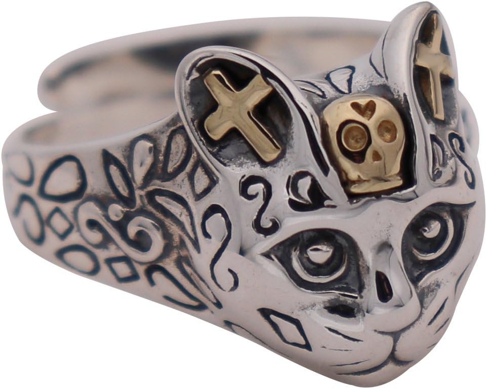 Vintage Two Tone 925 Sterling Silver Cat Head Ring with Golden Cross and Skull Biker Jewellery for Men Women Open and Adjustable