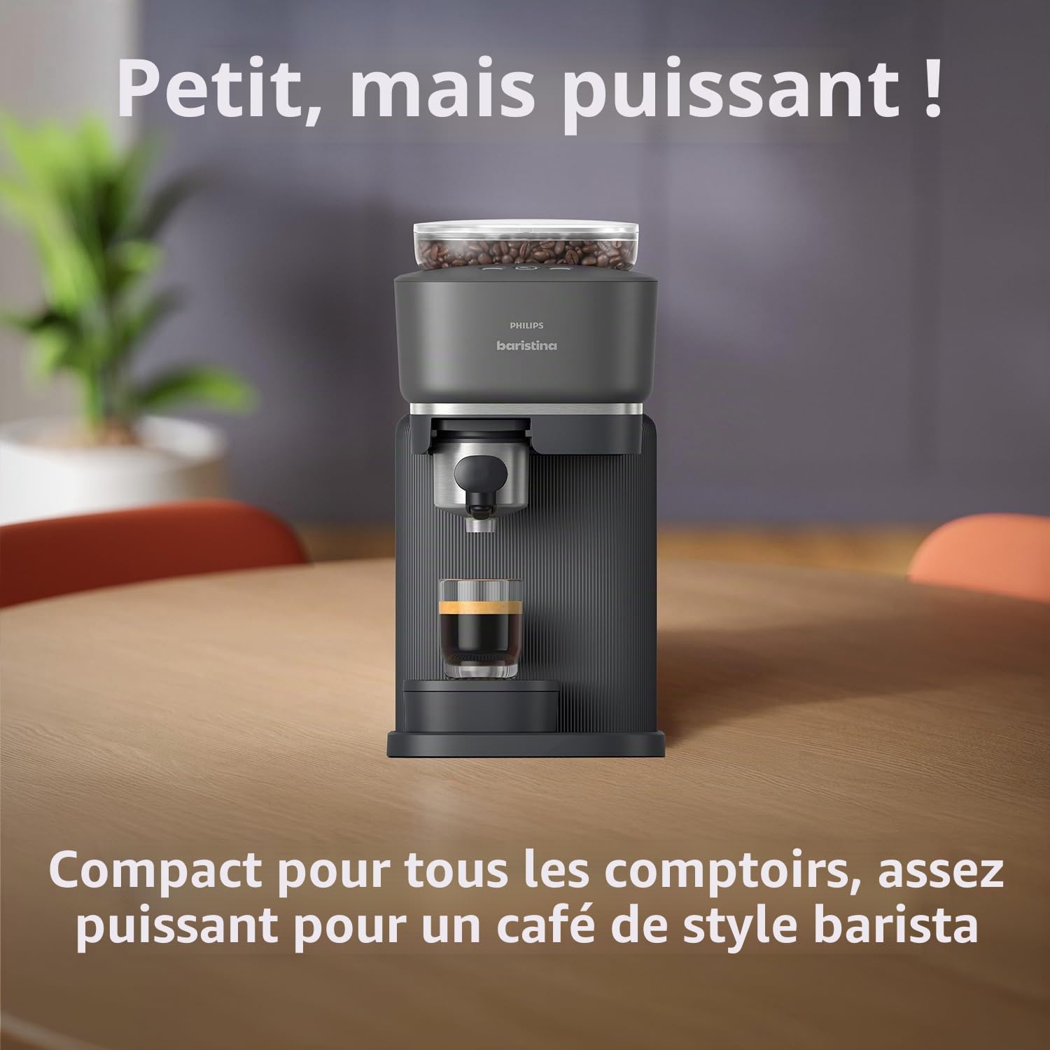 Philips Baristina Machine à expresso et mousseur à lait véritable Espresso Cafetière compacte, porte-filtre, meuleuse, café crème, mousse de lait laitier et non laitier, chaud et froid, facile à