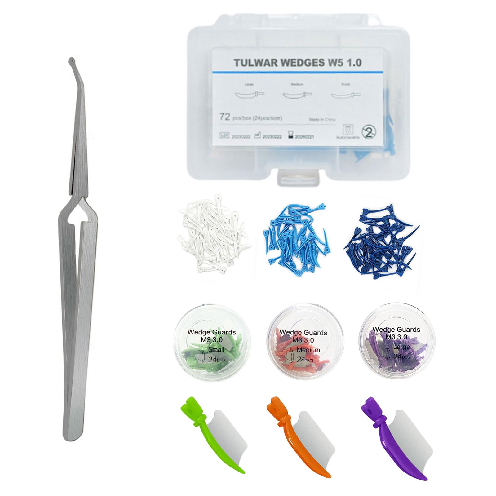 Windplusya Dental Matrix Wedges Guard Set, W5 Dental Wedges Plastic, Wedge Knife and Matrices Tweezer Forceps, Dental Sectional Matrix System Wedge Refill Tulwar Wedges with Holes.
