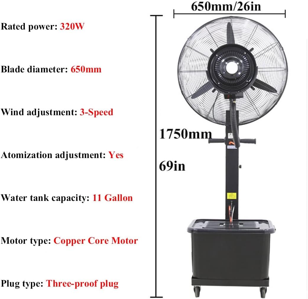 26/30" Pedestal Oscillating Fan Outdoor Patio Misters Fan Heavy Duty Industrial Floor Fans High 69/71in Water Mist Fan for Garden Waterpark Greenhouse Backyard, 650mm/26in