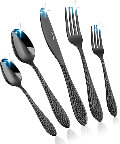 VIVANI Juego de cubiertos negros de 40 piezas para 8, cubiertos negros de acero inoxidable, juego de cubiertos martillados para el hogar, boda,