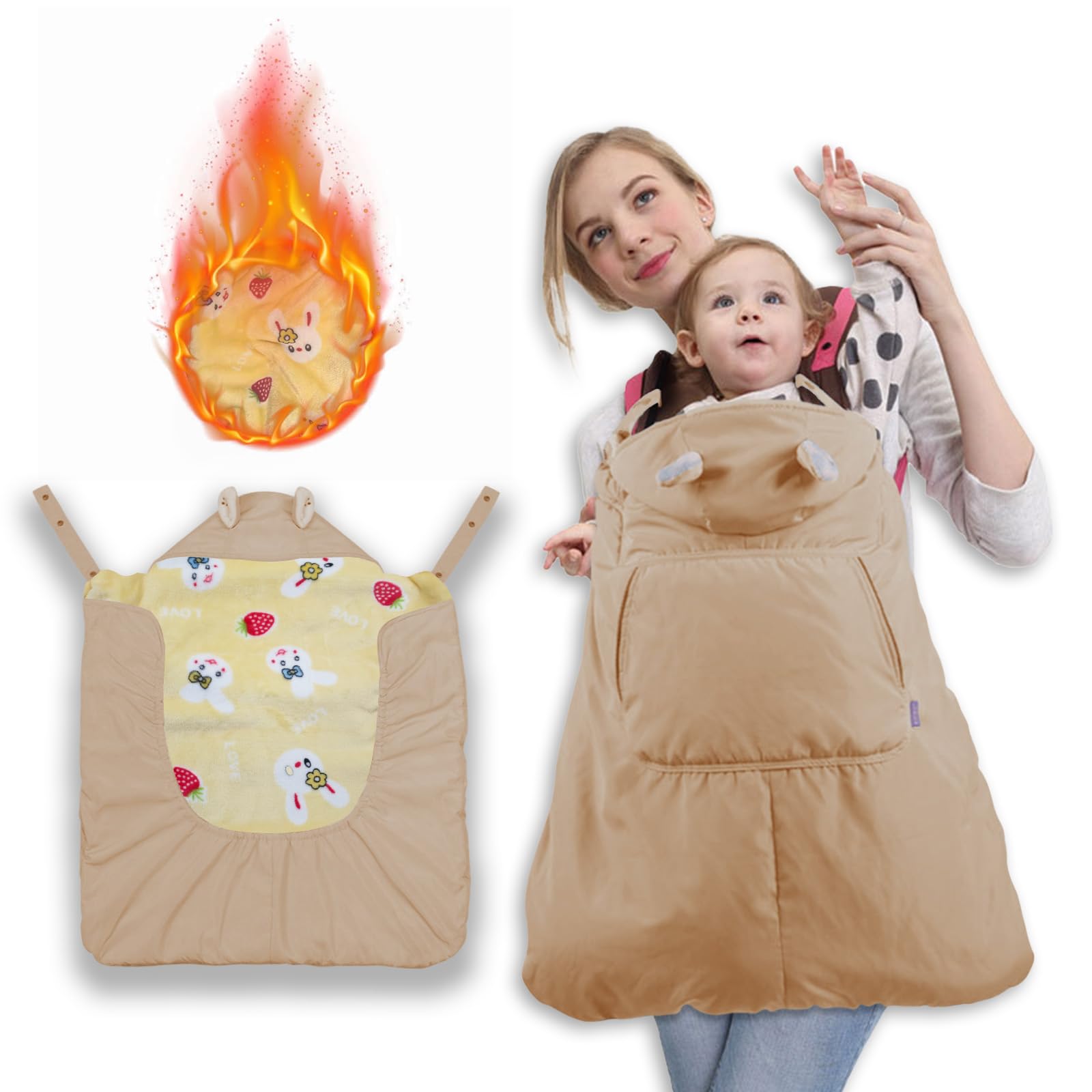Couverture de Portage Hiver Imperméable avec Capuche Amovible Doublure Polaire Corail Poche Frontale