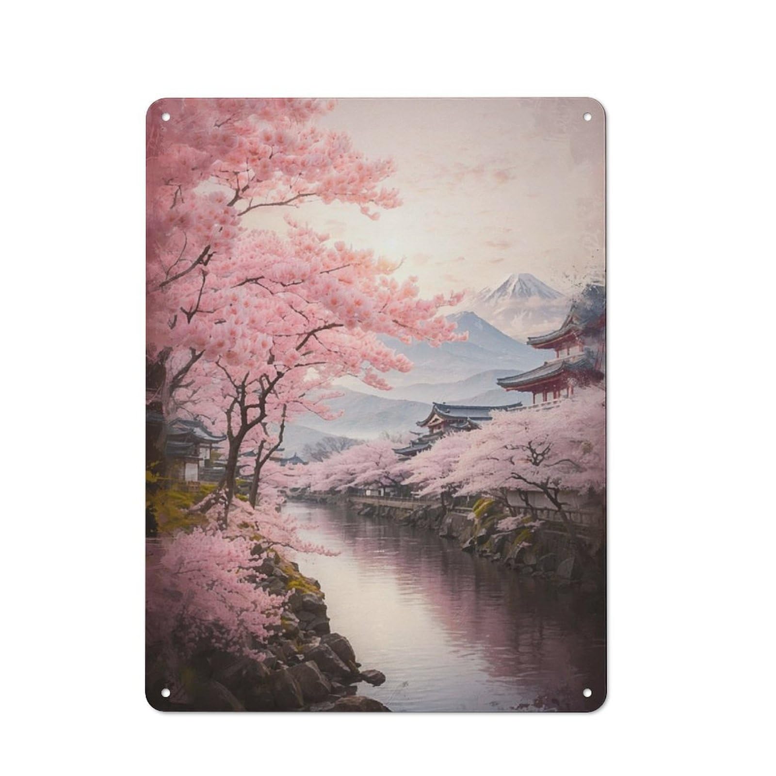 Junmoney Mount Fuji In Bloom Decorative Metal Plaque With Design 40X30cm, Casual Utility Space Decor For Patio Bar, Workshop, Shed Or Kitchen