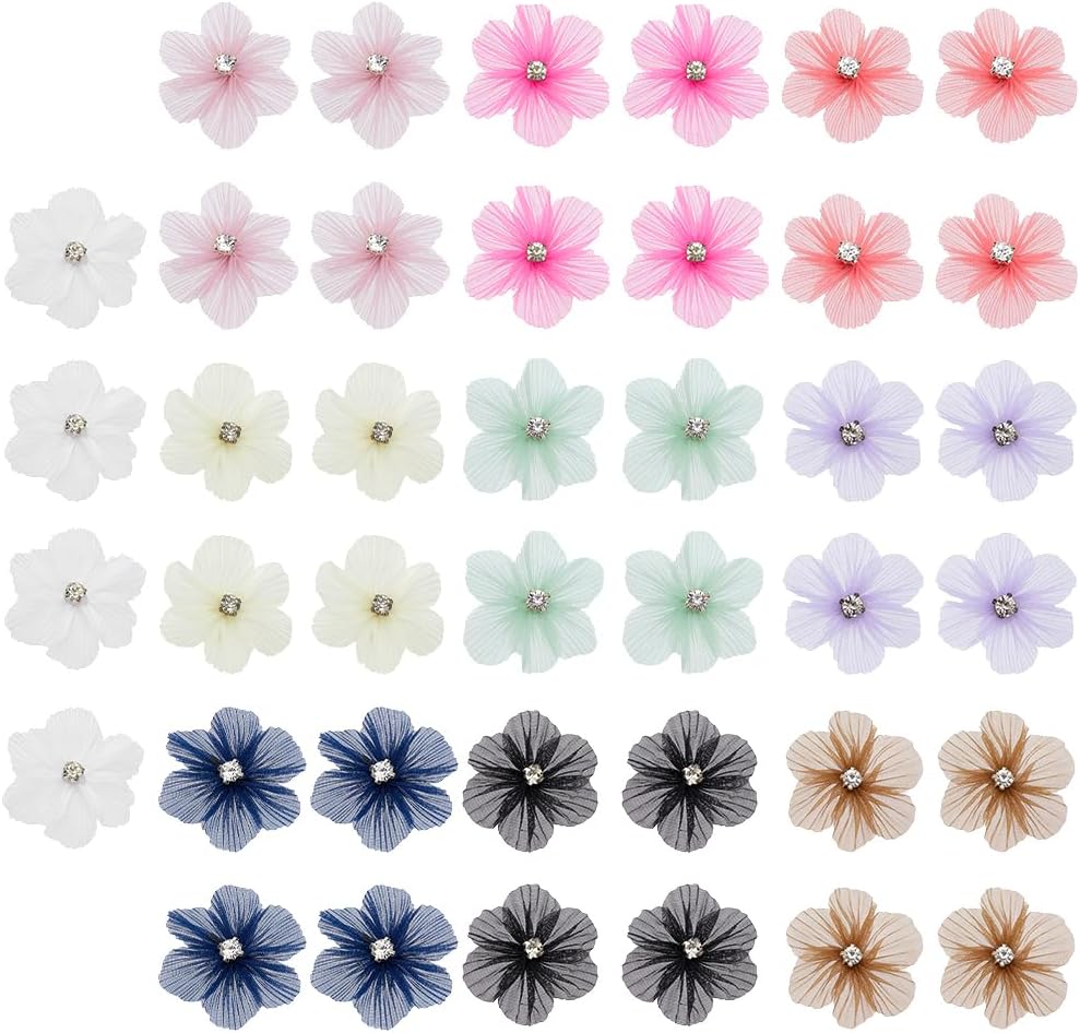 FINGERINSPIRE 40Pcs Organza 3D Floral Lace Applique 10 Colors Rhinestone Organza Flower 2x2x0.3Inch Flowers Pleated Polyester Rhinestone Decoration for Clothing Headbands Flower Crafts Party