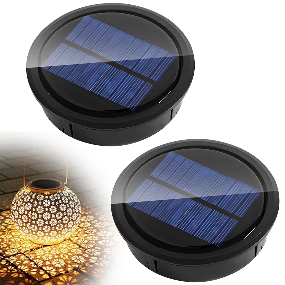 YANGUN 2 Pack Solar Light Replacement Top, 10.5cm Solar Panel Lantern Lid Lights with Warm LED Light Bulb, IP65 Waterproof Replacement Solar Top Unit Panel for Outdoor Garden Lantern Lamp