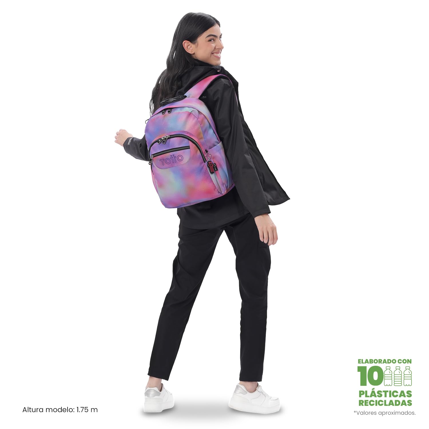TOTTO - Mochila Escolar Adaptable a Carro, Modelo Acuareles Glitter, Capacidad 20 L, Bolsillo para Pc 14", 2 Bolsillo Botella, Espaldar Ergonómico con Flujo de Aire, Correas en S, Estampado Bloom