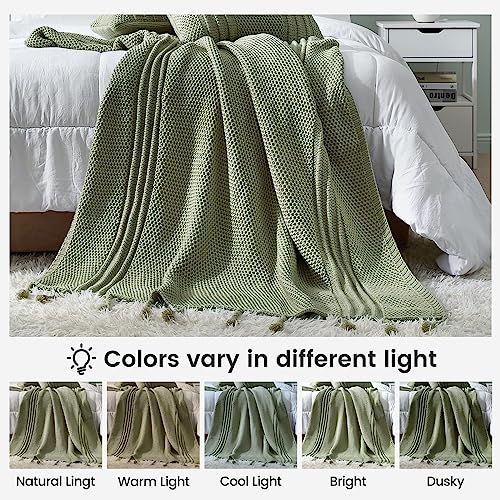 Cozy Bliss Honeycomb Knit Throw Blanket With Hand-Made Tassel Soft Cozy Acrylic Knitted Throw Decorative Woven Blanket For Couch, Bed,Sofa, 50X60 Inches, Sage Green #TOP3