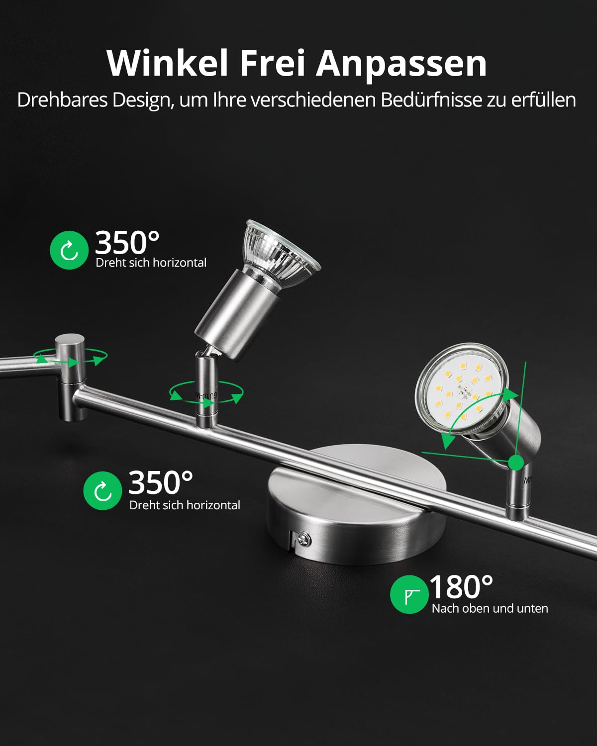 BOJIM Drehbare Küchendeckenleuchte, verstellbare Schlafzimmerstrahler, Nickel LED Schienenbeleuchtung, 6 Wege Deckenlampe innen, 6 GU10 Glühbirnen, 6W 4000K für Wohnzimmer, Fitnessstudio, Büro