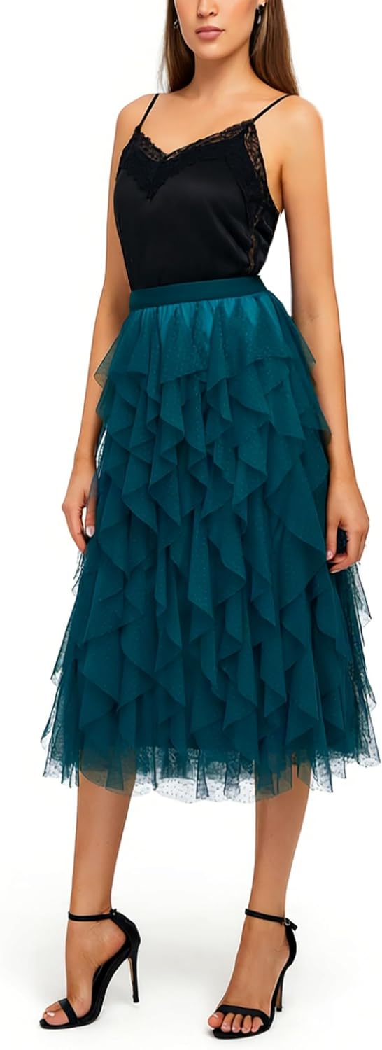 Cascading Ruffle Dotted Tulle Midi Skirt – Romantic Tiered Design Tea Length