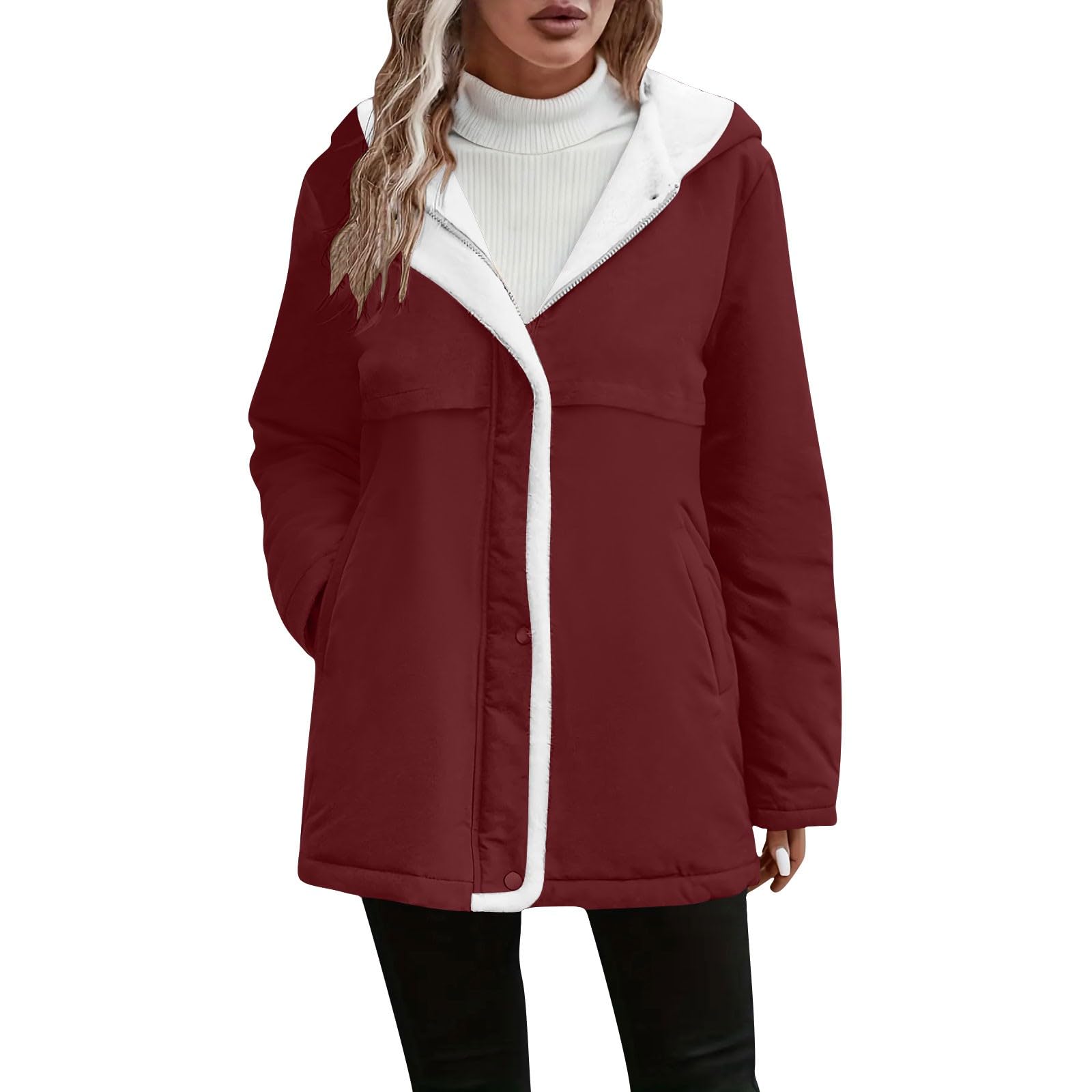Chaqueta de forro polar para mujer, chaqueta cálida de invierno con cremallera, chaqueta de longitud media con capucha, forro de sherpa, abrigo de manga larga, abrigo de felpa cómoda para exteriores