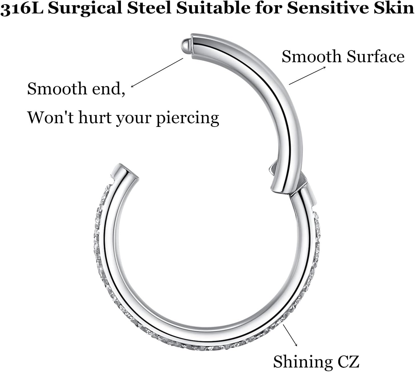 CZ Hinged Segment Nose Rings Hoop 316L Surgical Steel Cubic Zirconia Conch Daith Helix Tragus Body Piercing Jewelry Lip Rings Cartilage Earrings 20G 18G 16G Stainless Steel Septum Clicker Ring - Image 3