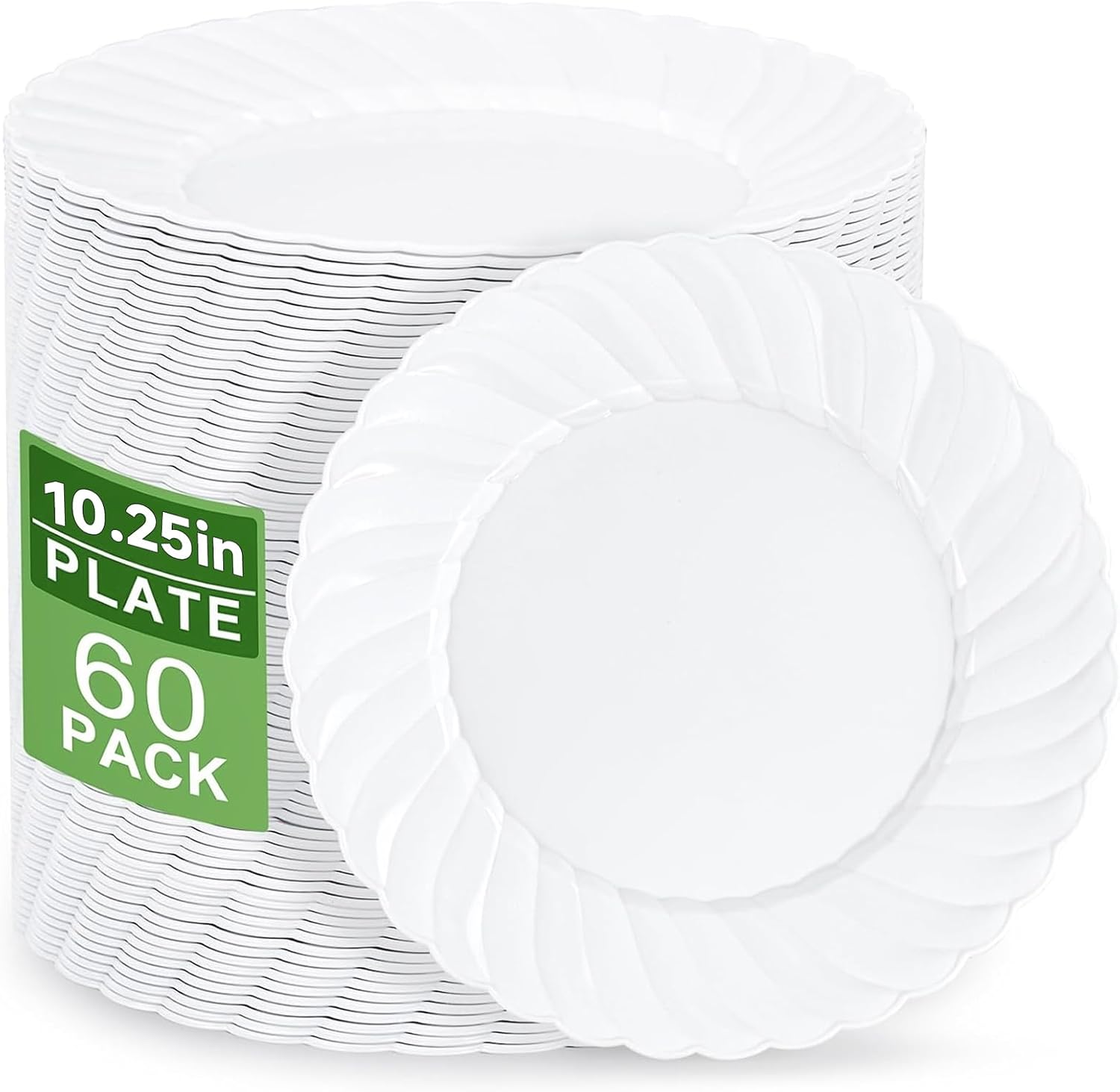 U-QE 60 Count White Plastic Plates - 10.25inch Plastic Disposable Plates for Party - White Dinner Plates Disposable Heavy Duty for Weddings, Parties, Birthdays, Celebrations, Travel and Events