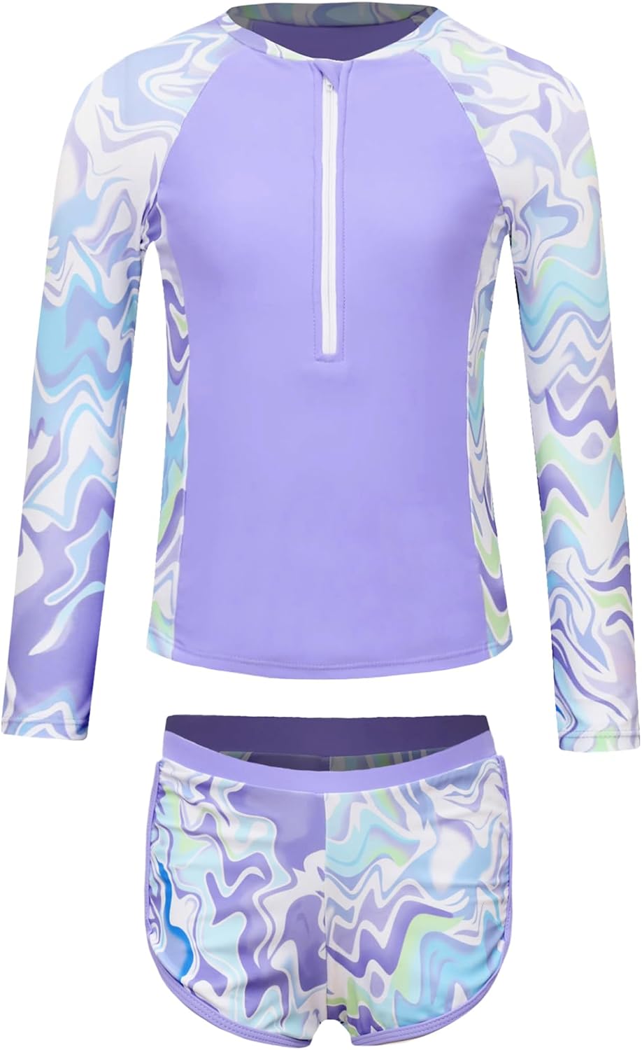 Big Girls UPF 50+ Rash Guard Sets Floral Zip Neck Swim Shirts with Swim Shorts Beach Tankini