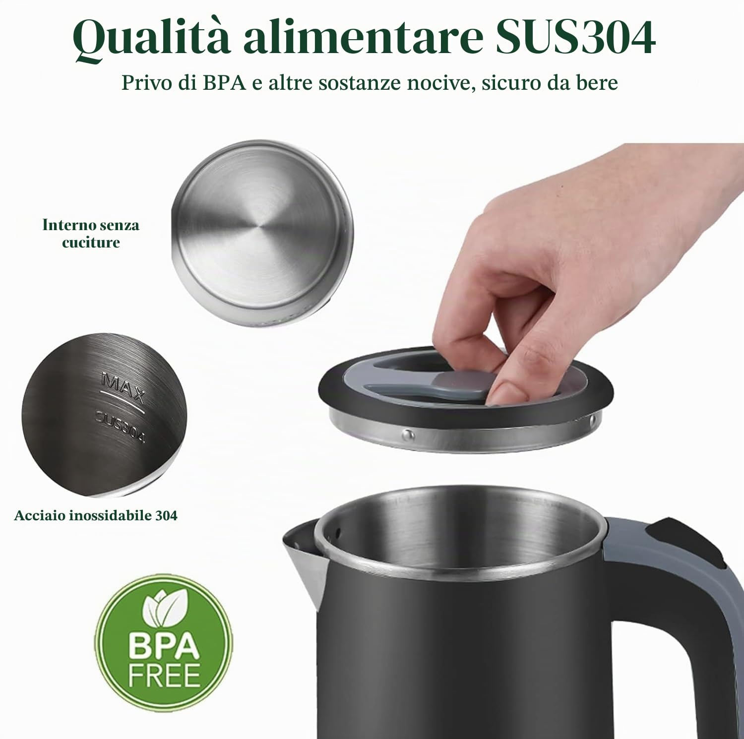 Bollitore elettrico in acciaio inox, da campeggio, mini bollitore da viaggio per 0,8 l, 600 W, protezione dal surriscaldamento, funzione di cottura a pressione, silenzioso (nero)