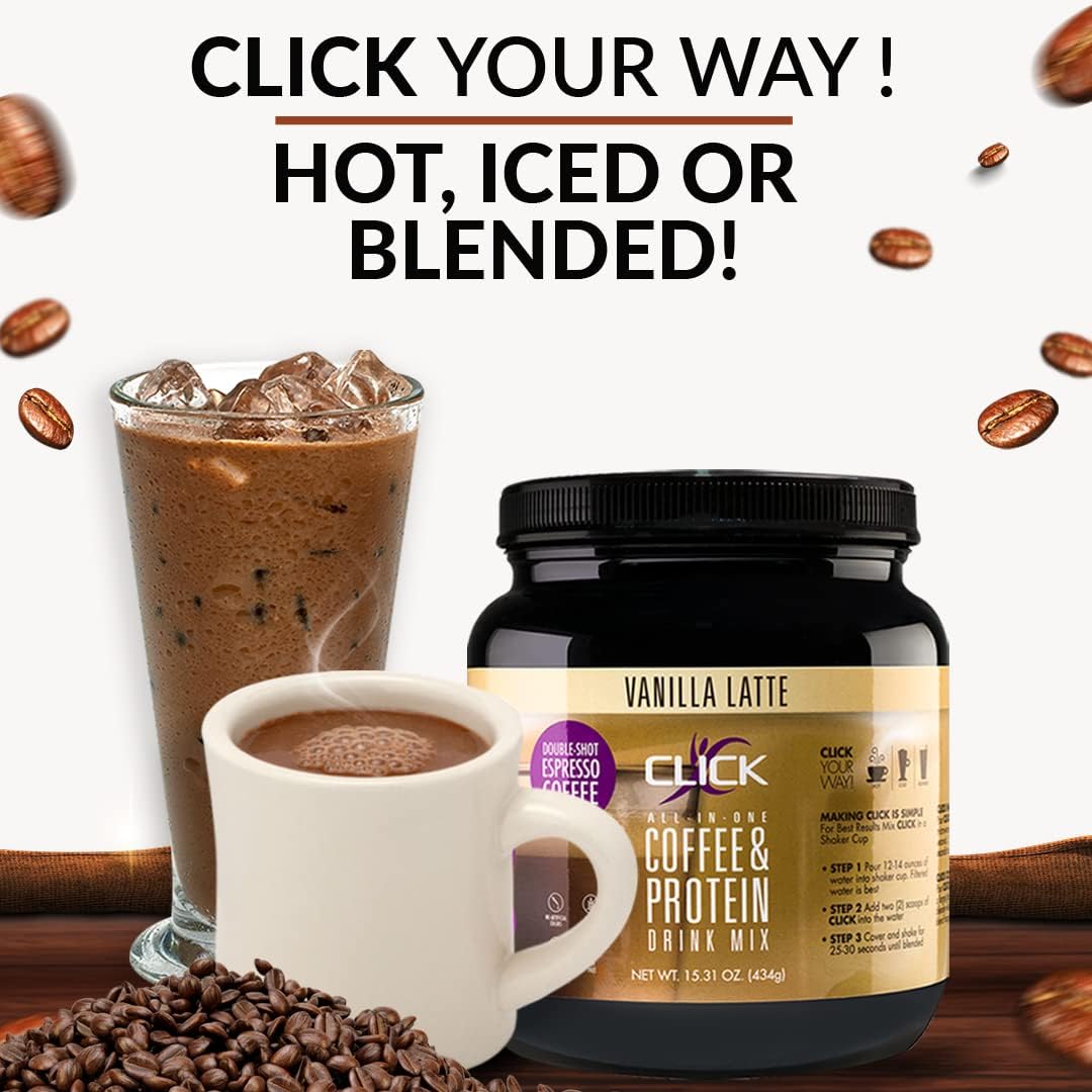 Click - Coffee & Protein Powder Meal Replacement Drink Mix, Real Espresso Coffee, 23 Essential Vitamins, Vanilla Latte Flavor, 15.3 Oz (2 Pack) : Everything Else