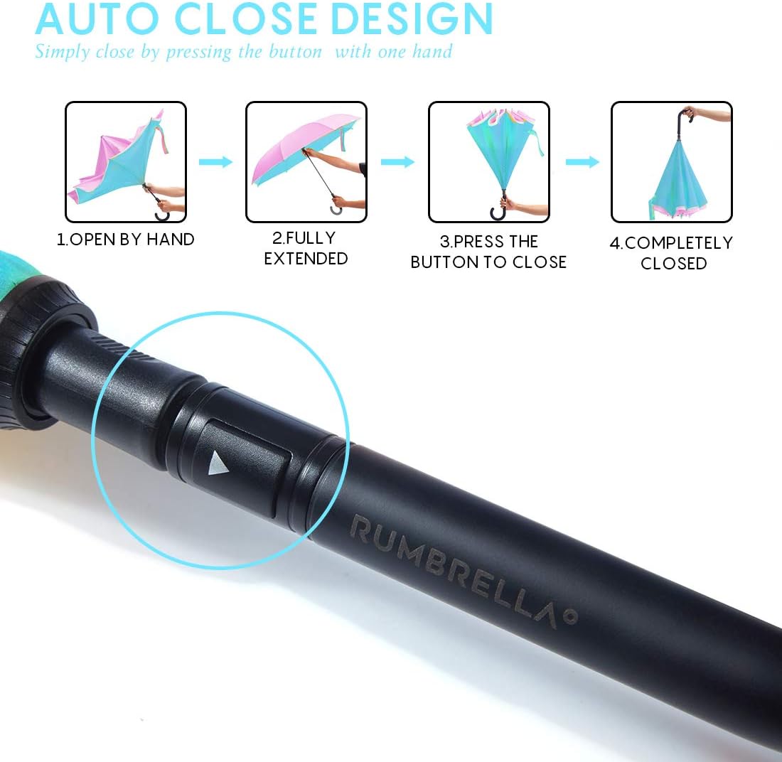 RUMBRELLA Reverse Umbrella Auto Close Windproof Car Umbrella Inverted with J Hook Handle for Women Girls, Pink Blue
