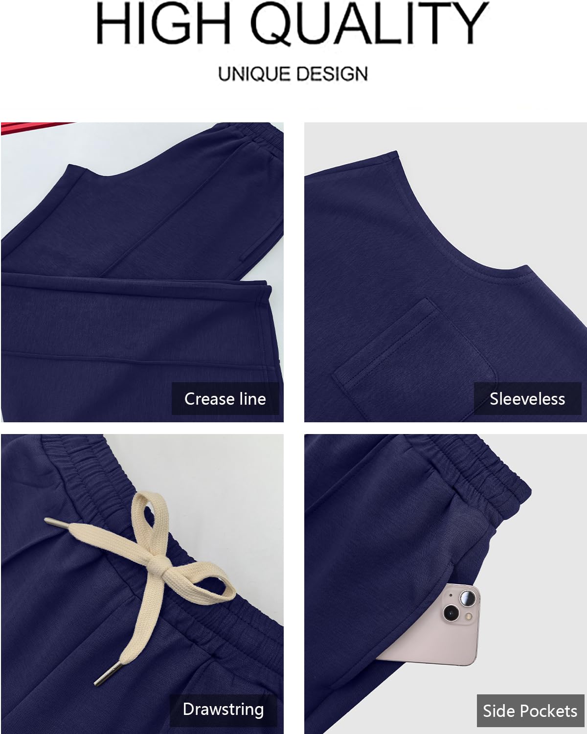 GRECERELLE Survêtement deux pièces Femmes Tenues d'été Ensemble Casual Crew Neck Cap Sleeve Tops et jogging Survêtements avec poches - 4