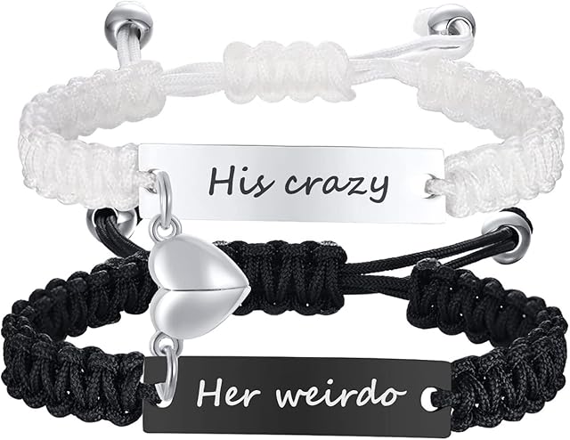 TempBeau Couple Bracelet Friendship Braided Black : Men Women Bracelets Adjustable with Stainless Steel Heart for Boy Friend Girl Friend Husband Wife Family Valentine Gift