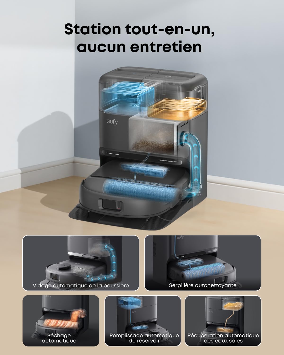 Robot aspirateur Laveur eufy C28 | Rouleau-serpillère HydroJet autonettoyant, 15 000 Pa, combo 5-en-1, conception anti-nœud, évitement des obstacles par IA