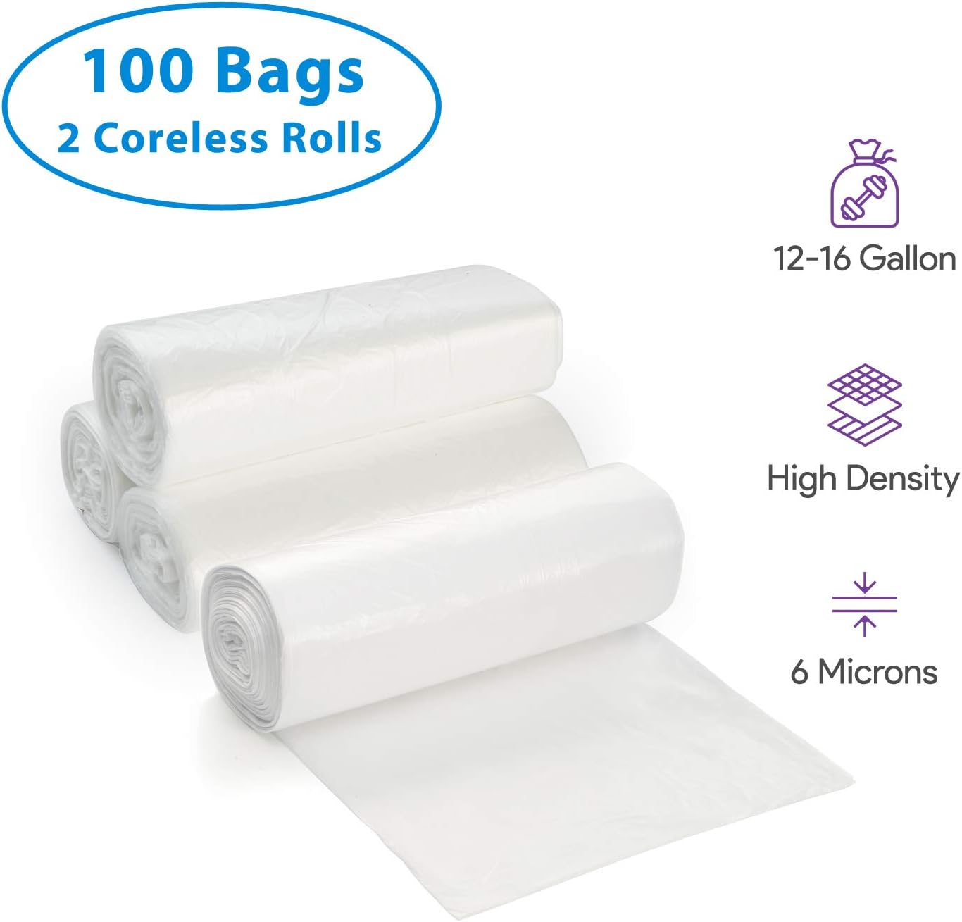 12-16 Gallon Clear Garbage Can Liners, 100 Count - Medium - Large Trash Can Liners - High Density, Thin, Lightweight, 6 Microns - For Office, Home, Hospital, Wastebaskets - 2 Coreless Rolls
