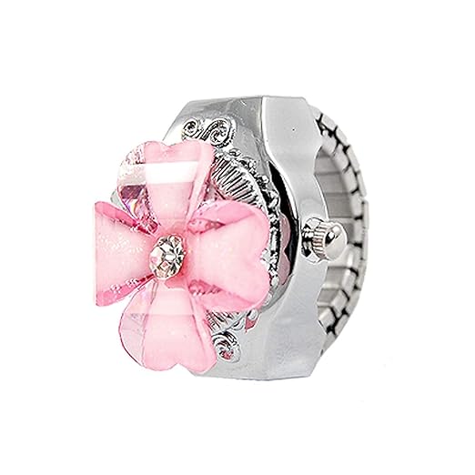 ELECTROPRIME Lady Pink Plastic Crystal Flower Hunter Case Round Dial Finger Ring Watch