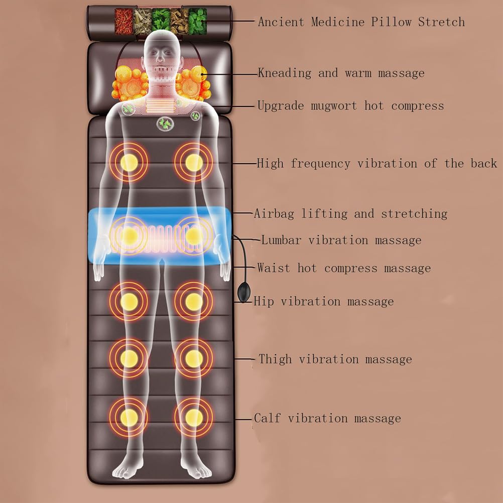 Alfombrilla De Masaje De Cuerpo Completo con Calor y 10 Nodos Vibratorios | Almohadas ajustables y almohadillas térmicas para la relajación muscular del cuello y la espalda