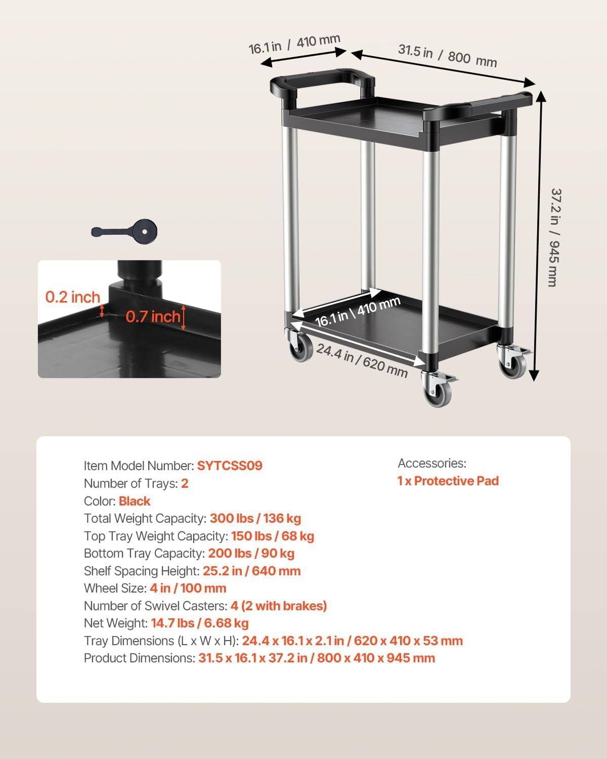VEVOR Carrello Portavivande, Capacità di Carico 136 kg Carrello per Servizi Alimentari in Plastica a 2 Livelli da 620 x 410 mm con Ruote Girevoli 360° per Magazzino, Ufficio, Casa, Ristorante, Cucina