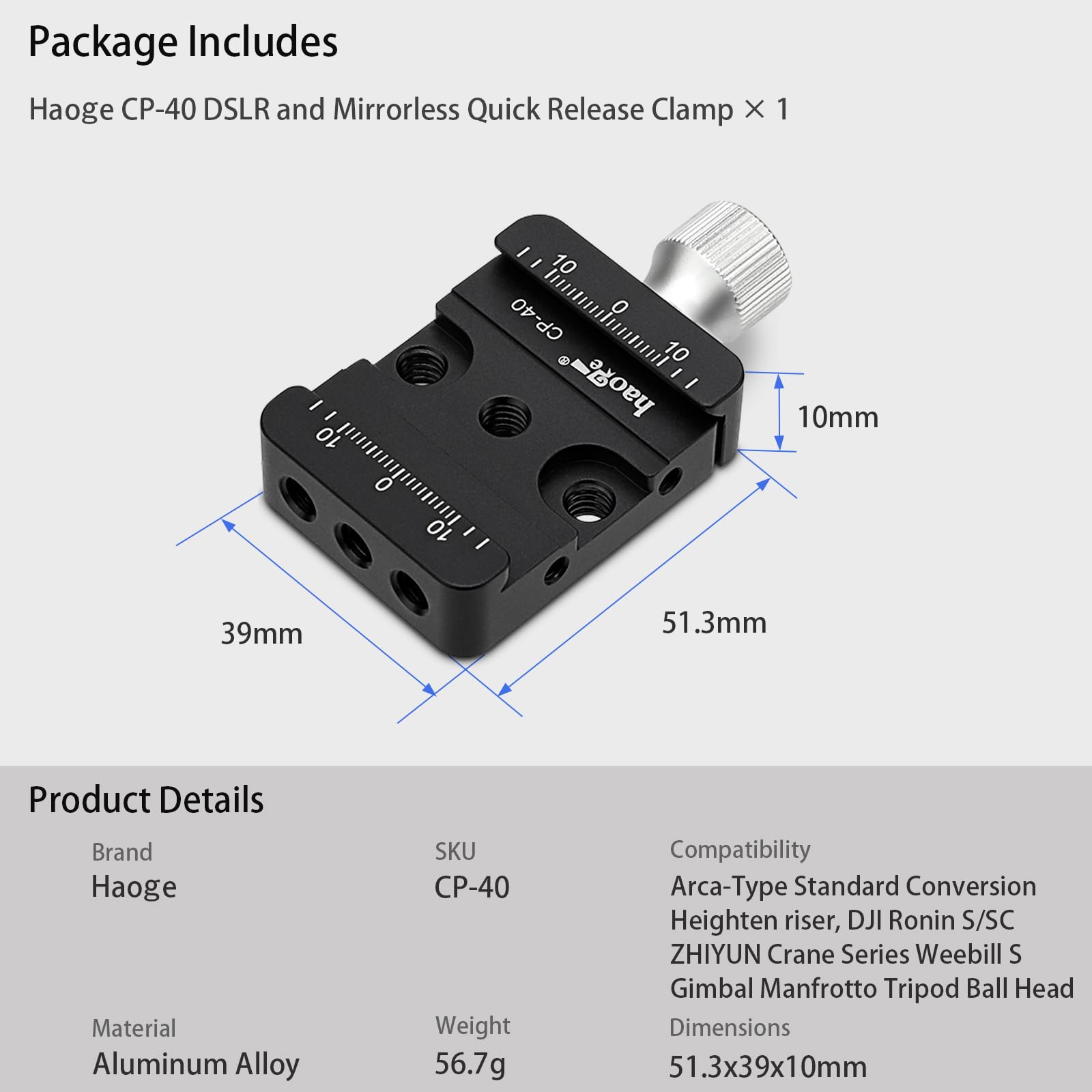 Pince Arca Haoge CP-40 - Compatible DJI Ronin S/SC, Zhiyun Crane, Weebill S, Manfrotto - Dégagement Rapide Pour Stabilisateurs Et Trépieds