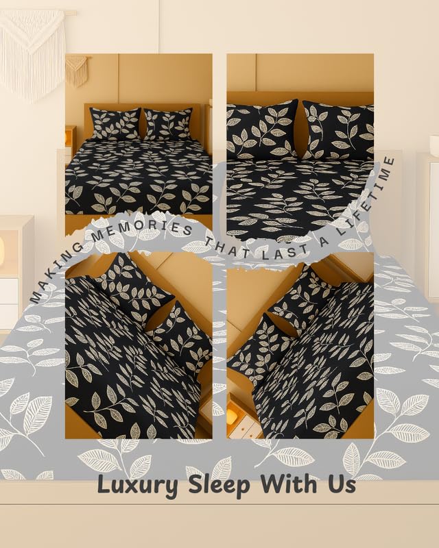 Image of NEW LEAF 320 TC Cotton All Around Elastic Fitted Printed Bedsheets King Size, Premium Fitted Bedsheets King Size for Double Bed with 2 Pillow Covers, Size- 78 inch x 72 inch Pure Black