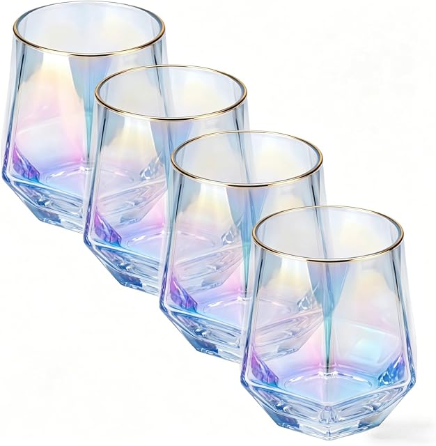 Stemless Wine Glasses Set Of 4,10Oz Iridescent Glassware,Modern Rainbow Glass Colored Tumblers for Red Wine,Bourbon,Cocktails,Whiskey,Gifts