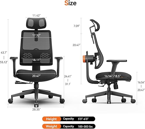 Miniatura 3 de Silla ergonómica de oficina en casa, silla de escritorio de respaldo alto con soporte lumbar adaptativo único, reposacabezas ajustable, ajuste de