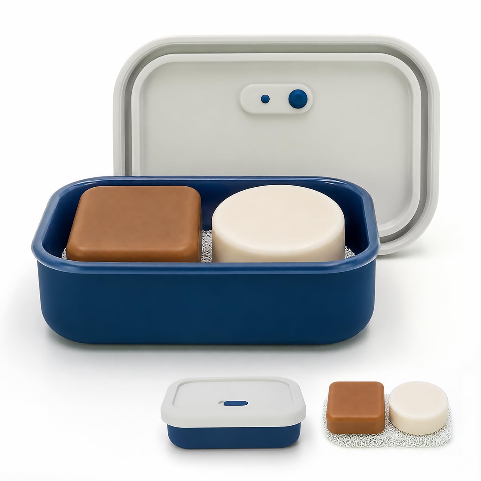 AIDIMMING Enhanced Leak Proof Travel Soap Case with Lid, Silicone Container for Traveling, Large Shampoo Bar Holder, Soap Dish with Draining Layer, Offwhite & Blue โ image 1
