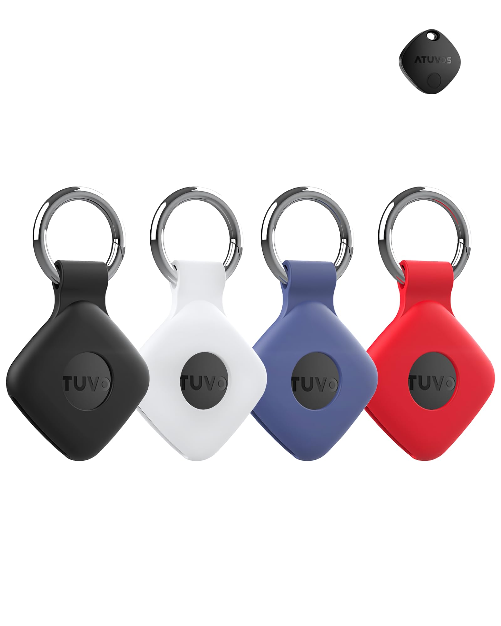 Lot de 4 coques de protection pour traqueur anti-perte ATUVOS avec porte-clés en silicone – Coque durable et élégante, imperméable, anti-chute, noir, blanc, bleu, rouge