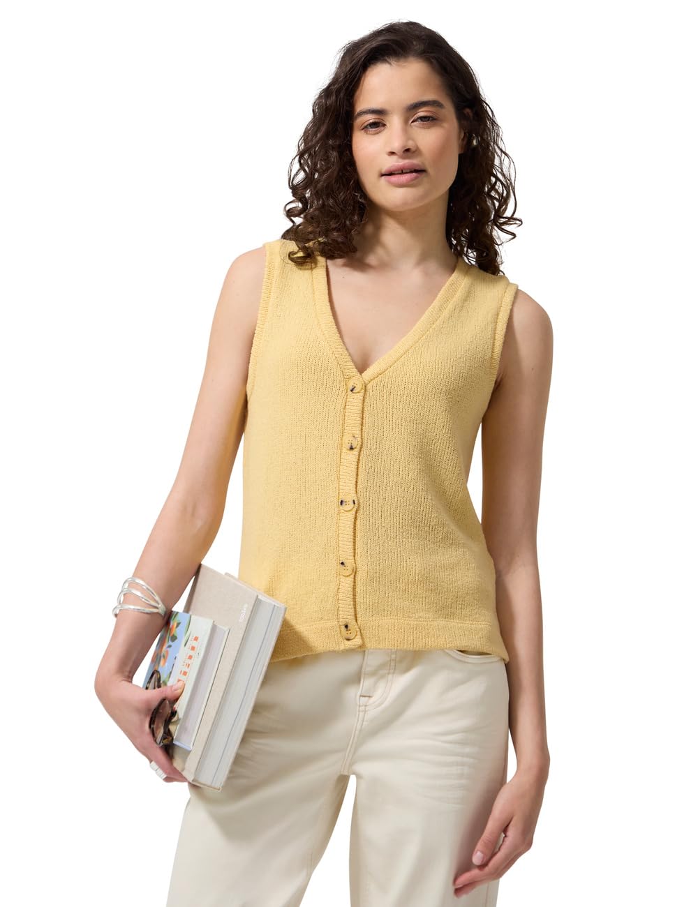 Street One Studio Vest with V-Neck in Knitted Look, Snap Yellow, 46