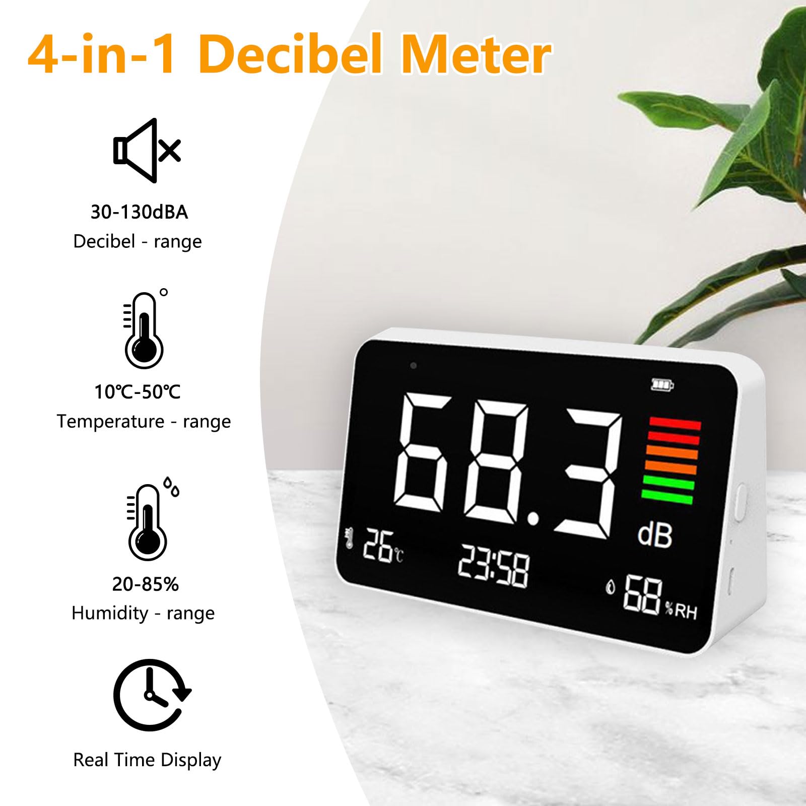 Dezibel Messgerät 30–130dB LED-Anzeige Schallpegelmessgerät Lärm Zeit Temperatur Luftfeuchtigkeit
