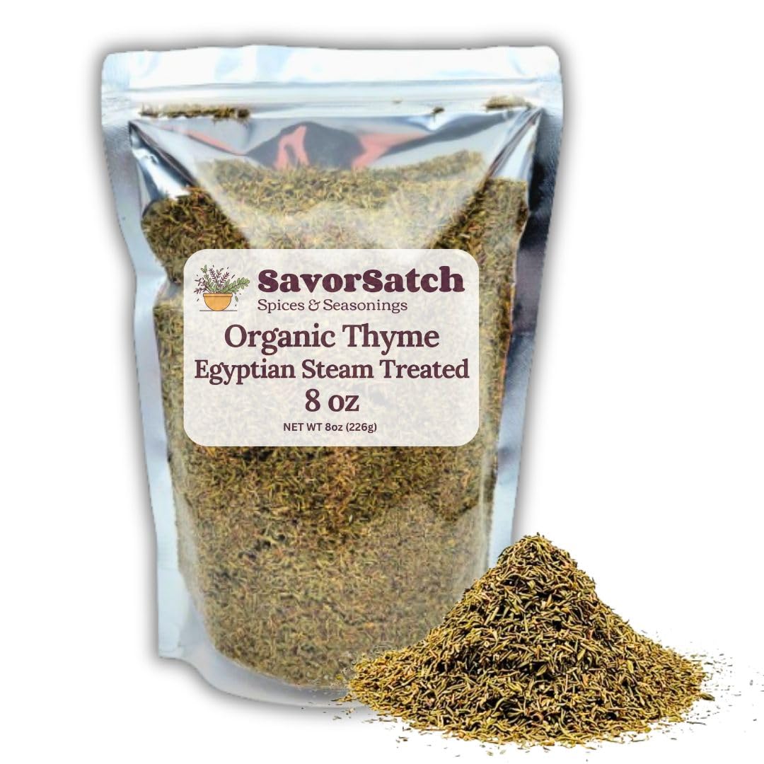 SavorSatch Organic Thyme Leaf Whole - 8oz Resealable Pouch | Non-GMO, USDA Certified Organic, Certified Kosher | Bulk Pack of Dried Thyme Leaves | Product of Egypt | For Restaurants Commercial Kitchens Cooking Enthusiasts Bulk Ingredients - 8 Ounce (Pack of 1)