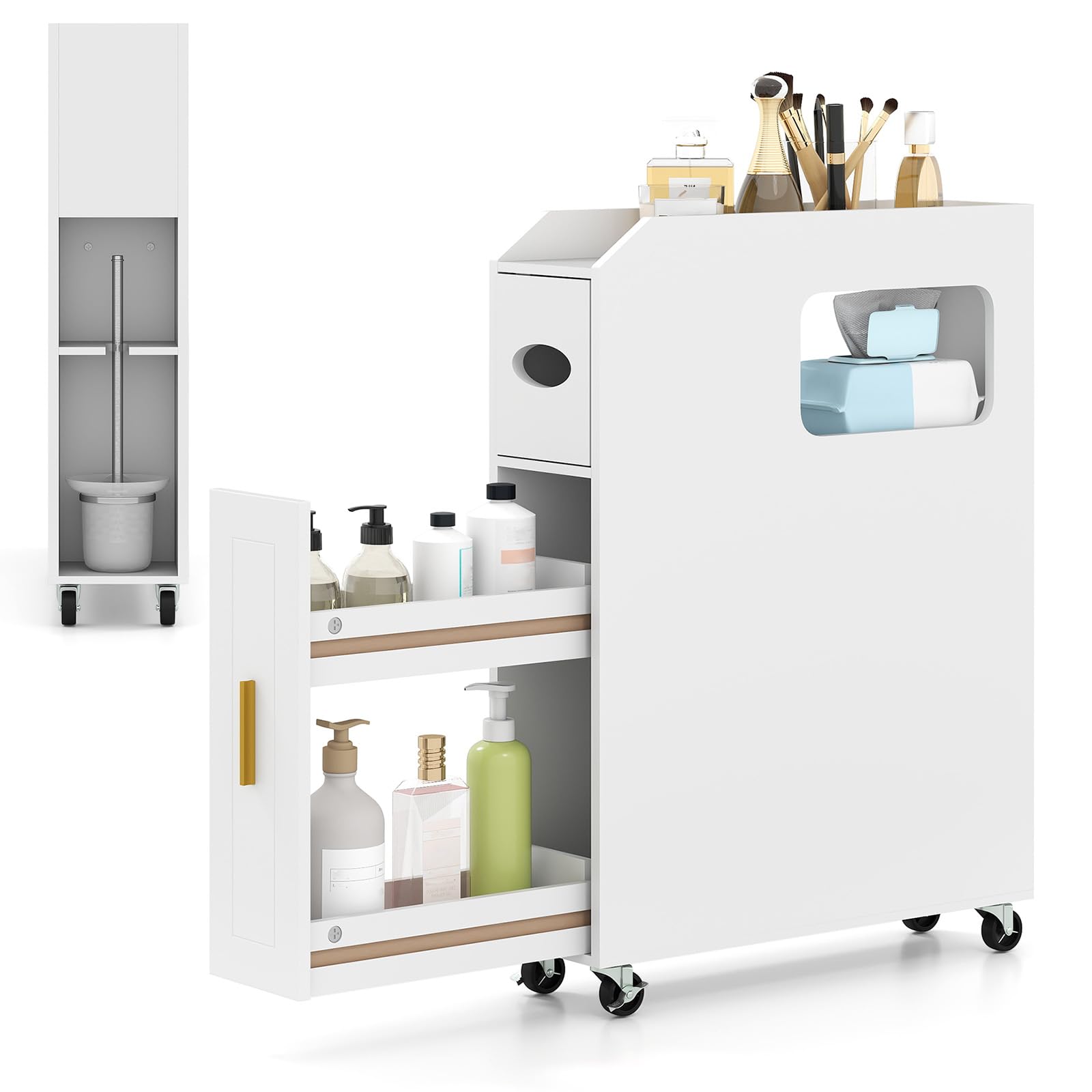 COSTWAY Slim Bathroom Floor Cabinet, Mobile Narrow Bathroom Storage Unit with Slide Out Drawer, Toilet Paper Shelf, Brush Holder and Wheels, Freestanding Compact Organiser for Small Space (White)