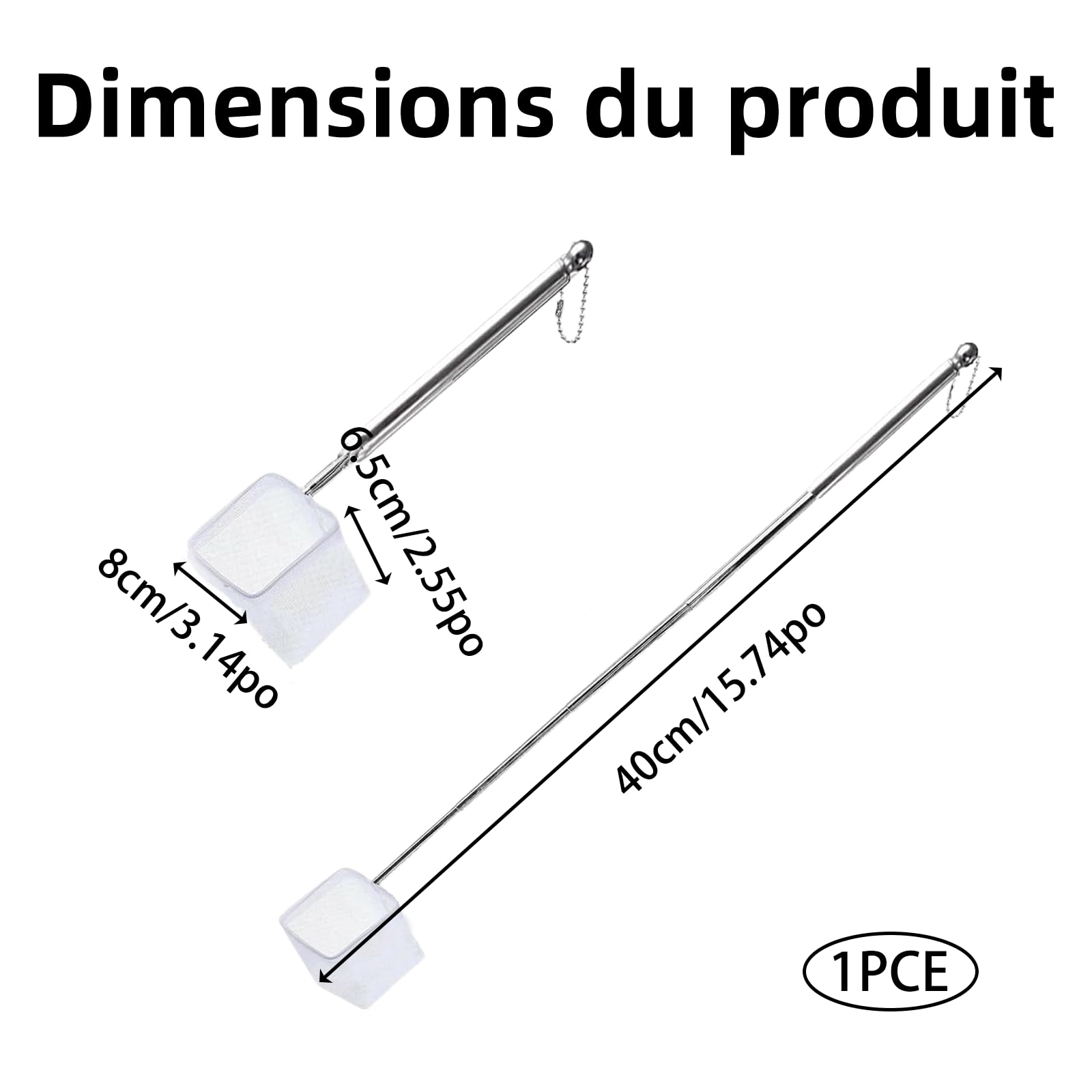 Épuisette Aquarium Télescopique Carrée en Nylon avec Manche en Acier Inoxydable Filet Fin pour Poissons Crevettes et Débris