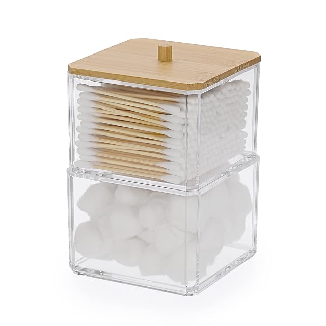 Hipiwe Clear Q-tip Dispenser Holder Acrylic Bathroom Containers 2-Tier Square Apothecary Jar with Lid Canister Cotton Swab and
