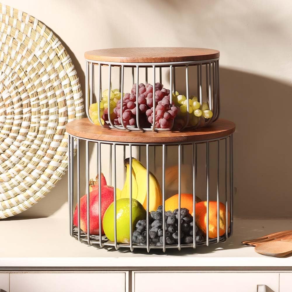 Set of 2 Stackable Wire Storage Baskets with Lids for Living Room| Organizer Bins for Kitchen Home bedroom and Wardrobe | Multipurpose Baskets | Durable Iron and Wood | Medium Size - Grey