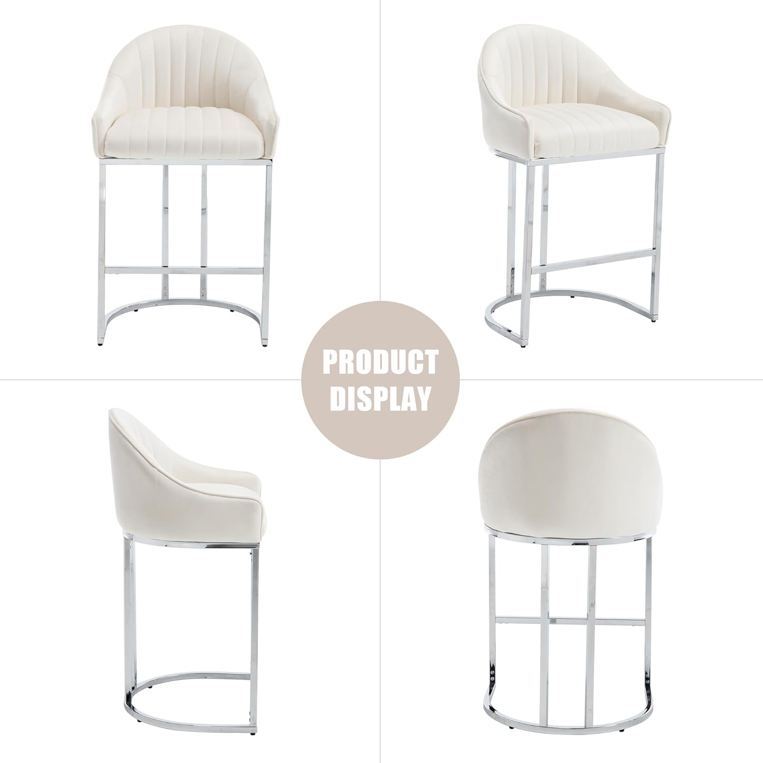 27 Inch Bar Stools Set of 4, Counter Height Barstools Kitchen Island Chairs with Silver Legs, Velvet Upholstered Barstools with Back,Beige