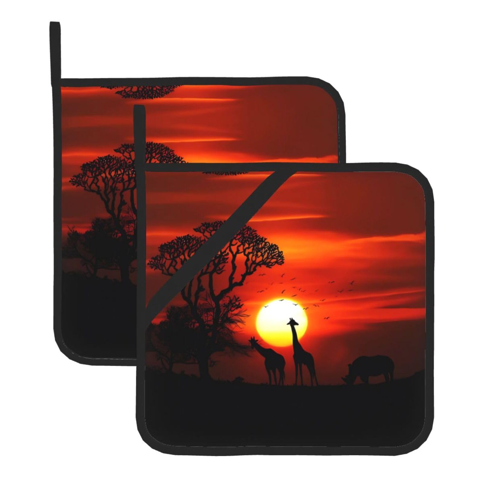 YYHWHJDE Natural sunset giraffe Prints Square Hot Pads for Kitchen Counter - Waterproof Pot Holders with Hanging Loop, Durable Trivets for Microwave Oven - 2 Pack