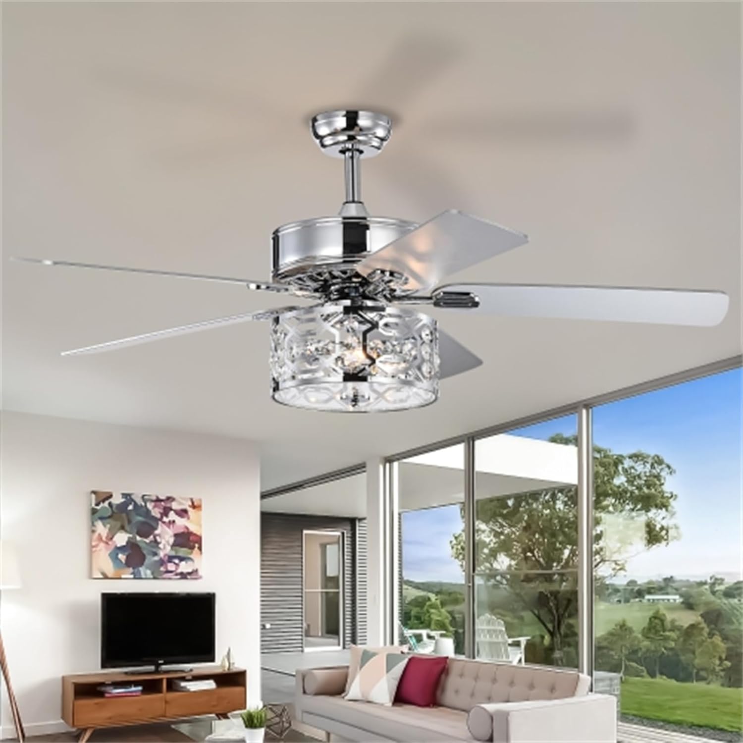 52 Inch Crystal Chandelier Fan Dual Finish Reversible Blades, Lighted Ceiling Fan, Ceiling Fan Light, Chandelier for Living Room, Dining Room, Bedroom, Family Room, Chrome