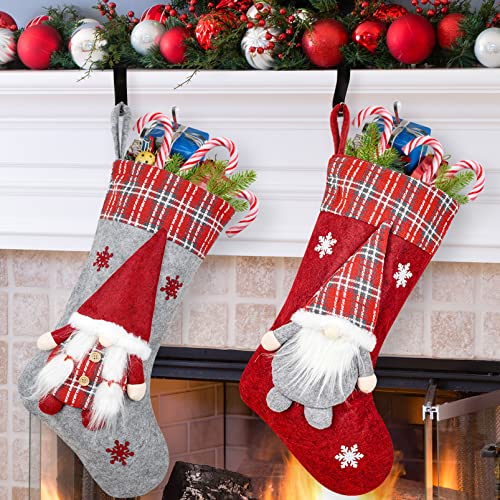 Decfine Set Of 2 Christmas Stocking Personalized 3D Gnome Couple Santa With Plaid Fabric Felt Cuff Gift Bags For Kids Holiday Fireplace Hanging Christmas Party Mantle Decorations(Gnomes Stocking-01) #TOP1