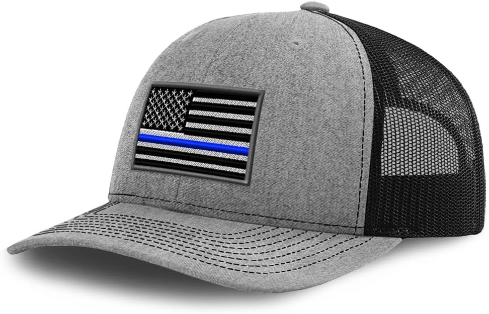 Custom Richardson Trucker Hat American Flag Thin Blue Line Embroidered Polyester Mesh Support Police Law Enforcement Baseball Cap Snaps Heather Gray/Black Design Only