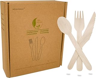 Disposable Wooden Cutlery Set 150 Pcs for Party Eating Picnic, 100% Biodegradable Compostable Eco-Friendly Natural Birchwood Utensils Set of 50 Wooden Knives, 50 Wooden Forks, 50 Wooden Spoons