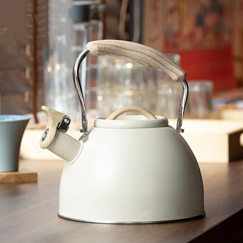 Miniatura 9 de Tetera silbante de 3.2 cuartos de galón para estufa, tetera con mango ergonómico de agarre fresco, tetera de acero inoxidable (crema)