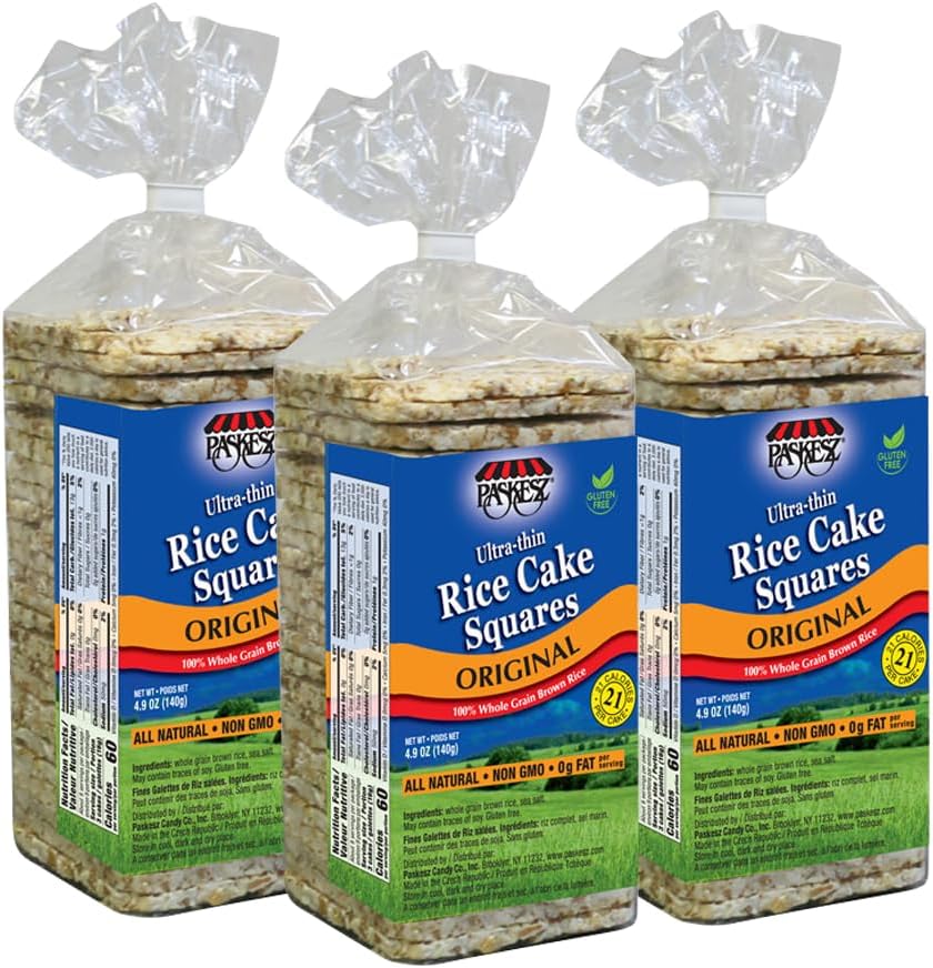 Ultra Thin Rice Cakes Squares Original All Natural Whole Grain Brown Rice, Gluten Free Rice Cakes, Non GMO, Fat Free (Pack of 3)