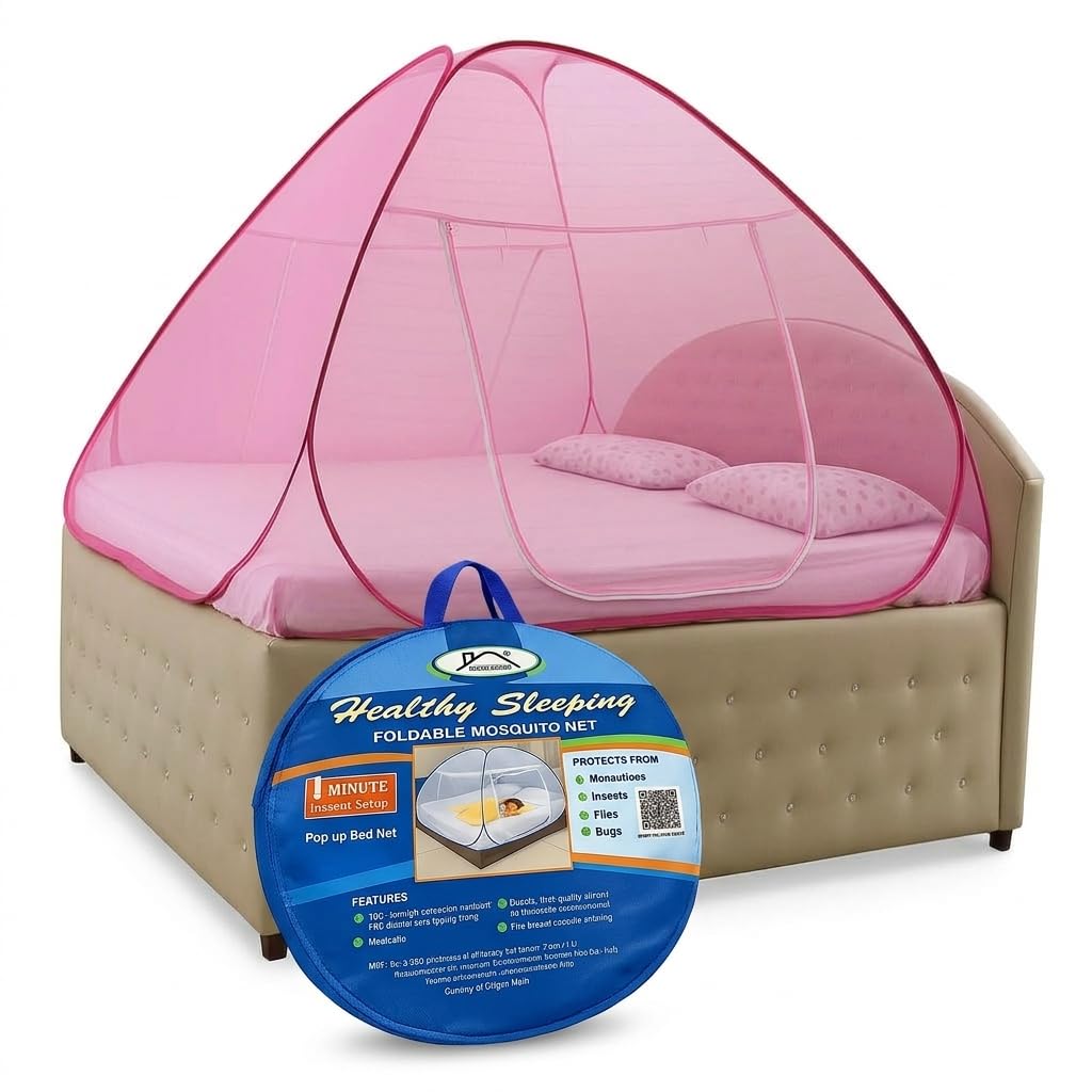 Healthy Sleeping Foldable Pop up Polyester Mosquito Net for Double Bed, Strong & Durable Mosquito Net for King, Queen Size Bed (New Embroidery Pink)